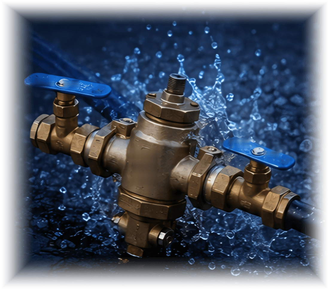 A brass backflow prevention assembly with blue ball valve handles, with water splashing around it.